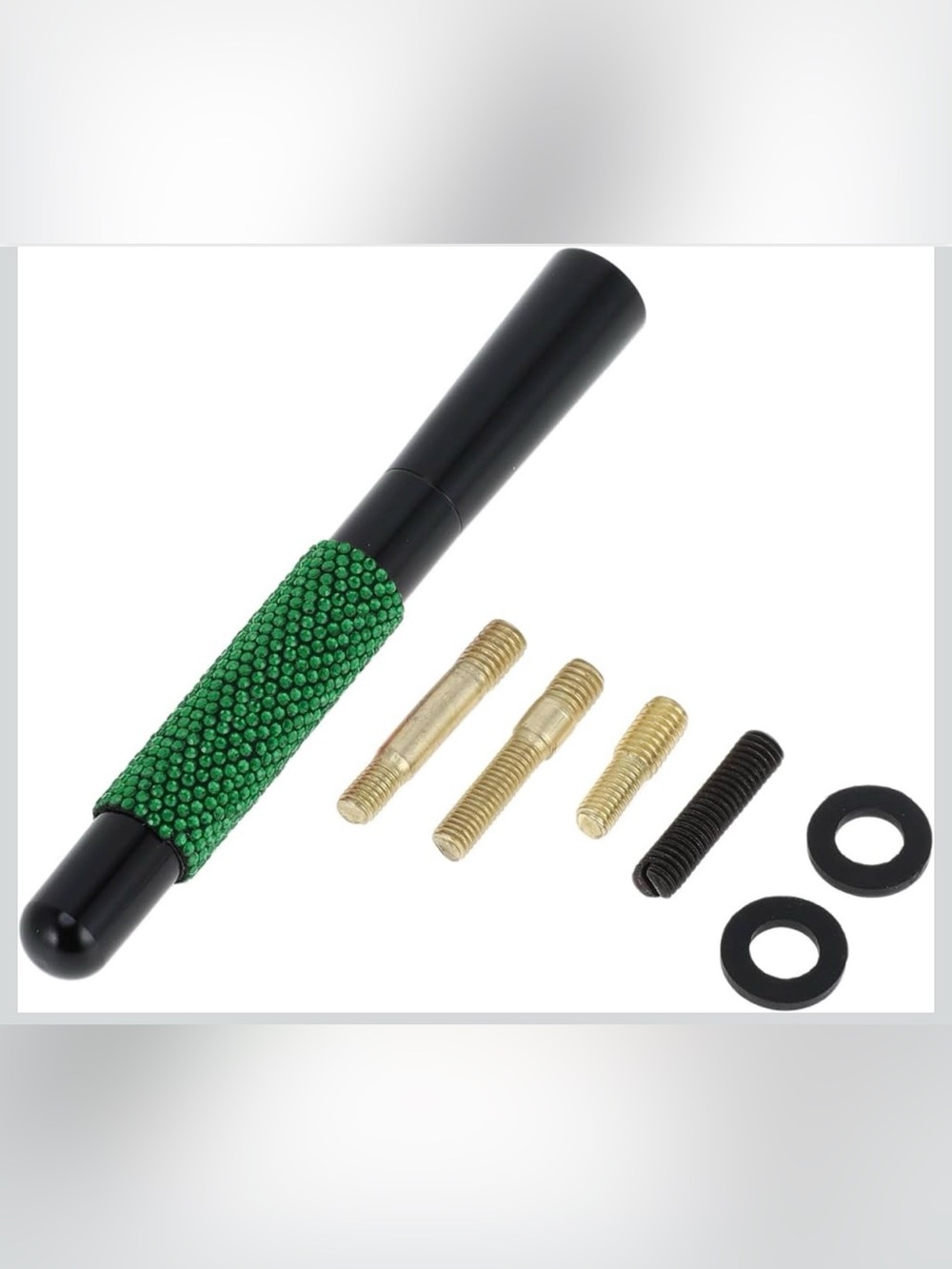 Black Car Antenna Mast with Green Crystal Grip and Mounting Hardware